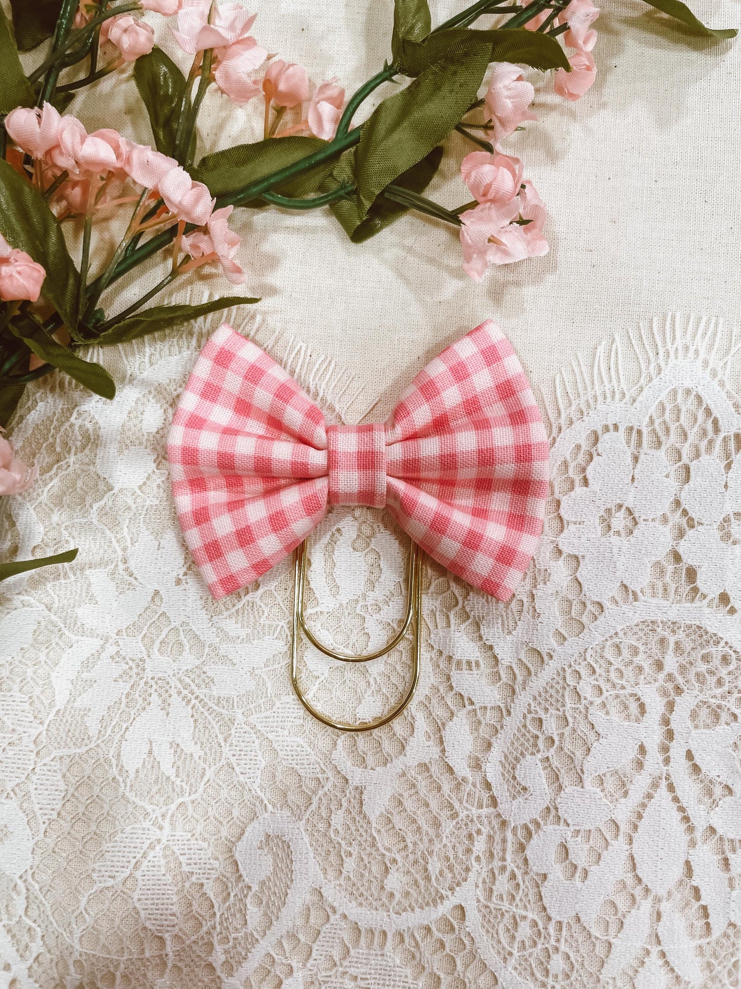 Dainty Pink Check - petite bow bookmark