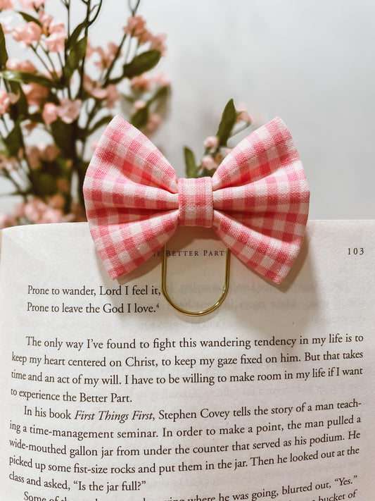 Dainty Pink Check - petite bow bookmark