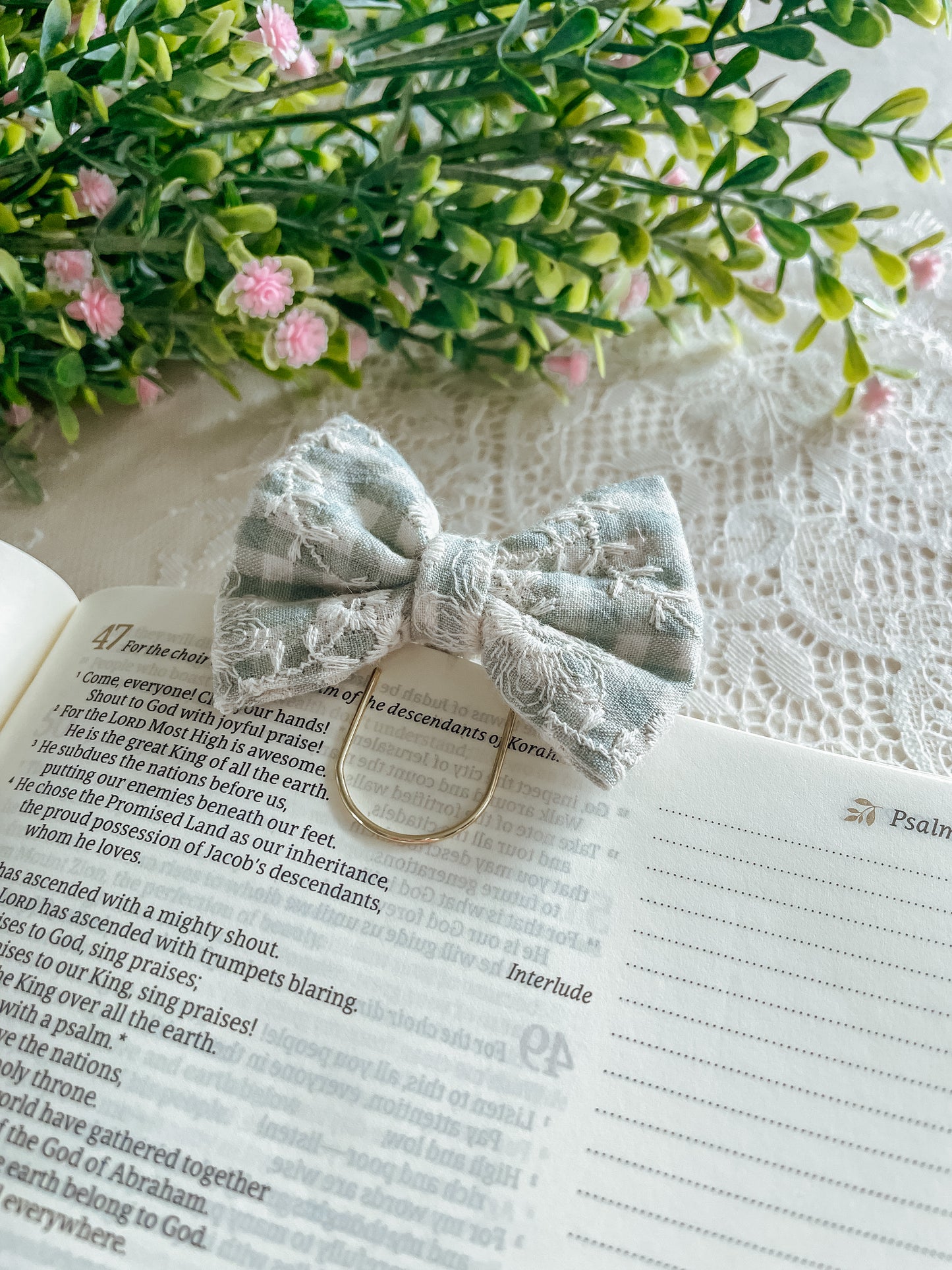 Sage Embroidered Floral- petite bow bookmark