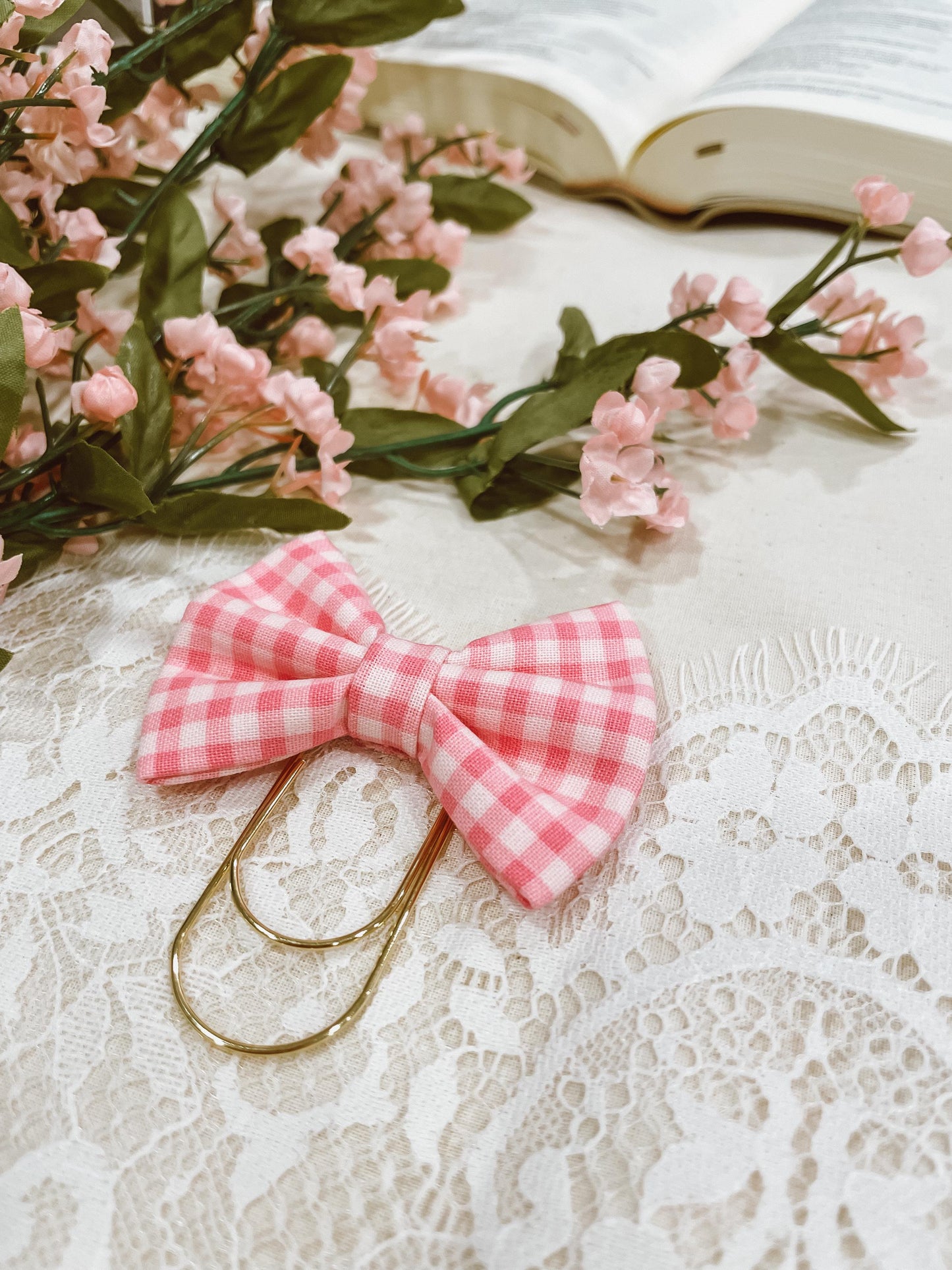 Dainty Pink Check - petite bow bookmark