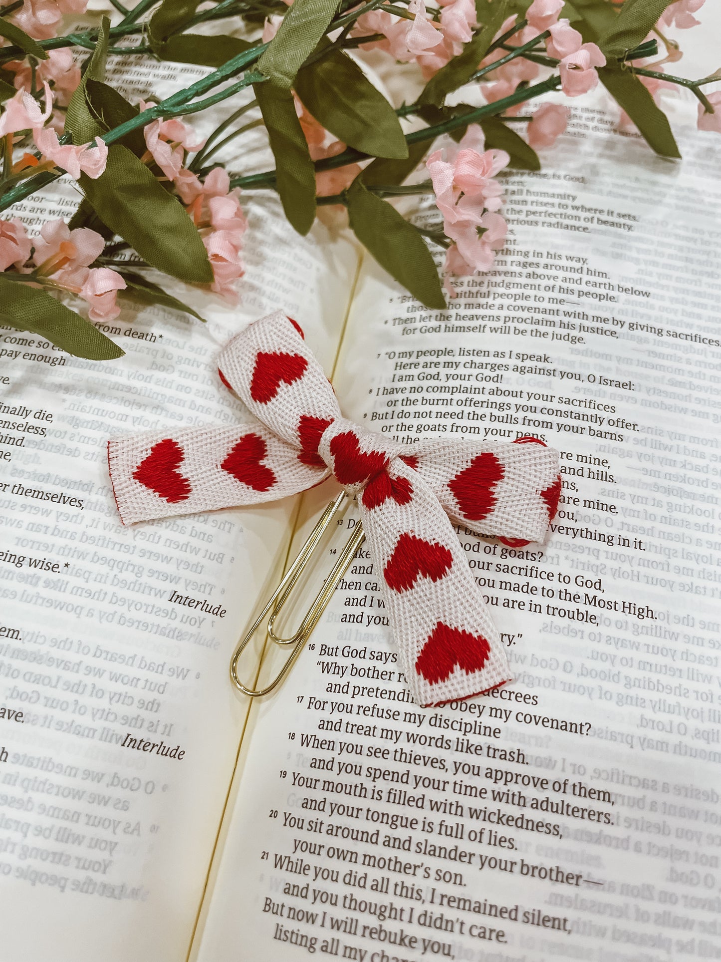 Red woven hearts- ribbon bow bookmark