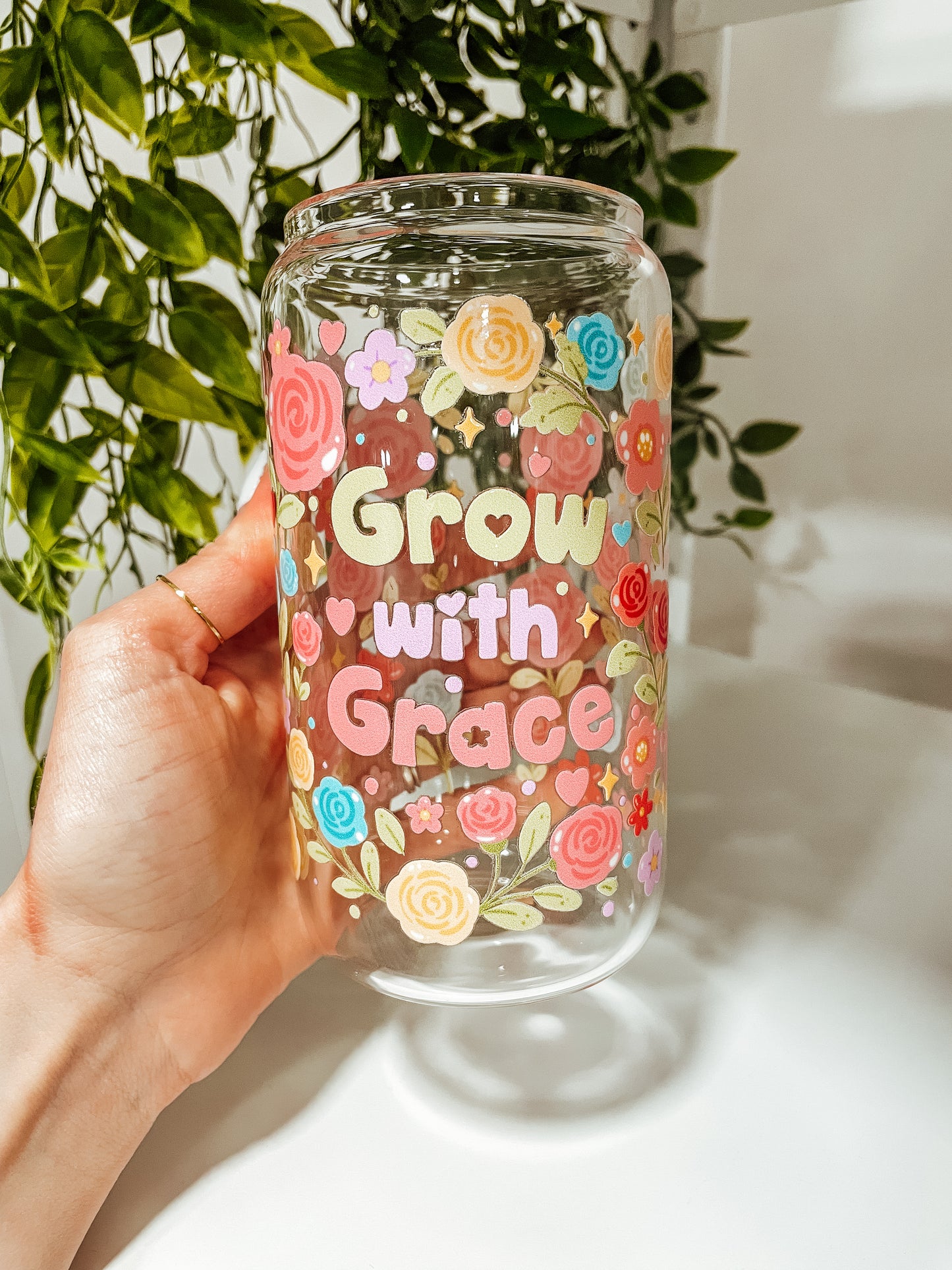 Grow with Grace- 16 oz glass tumbler