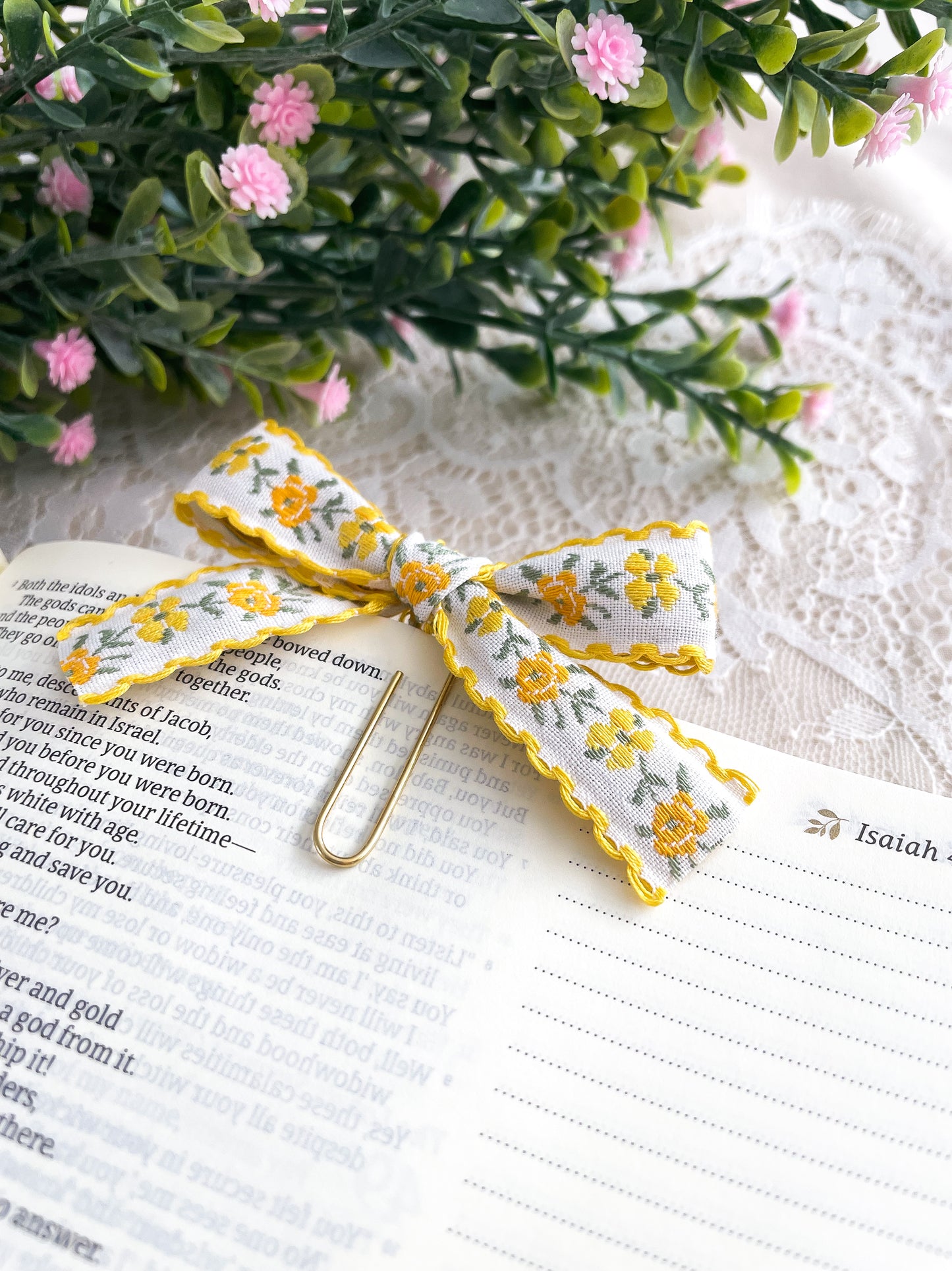 Forsythia- ribbon bow bookmark