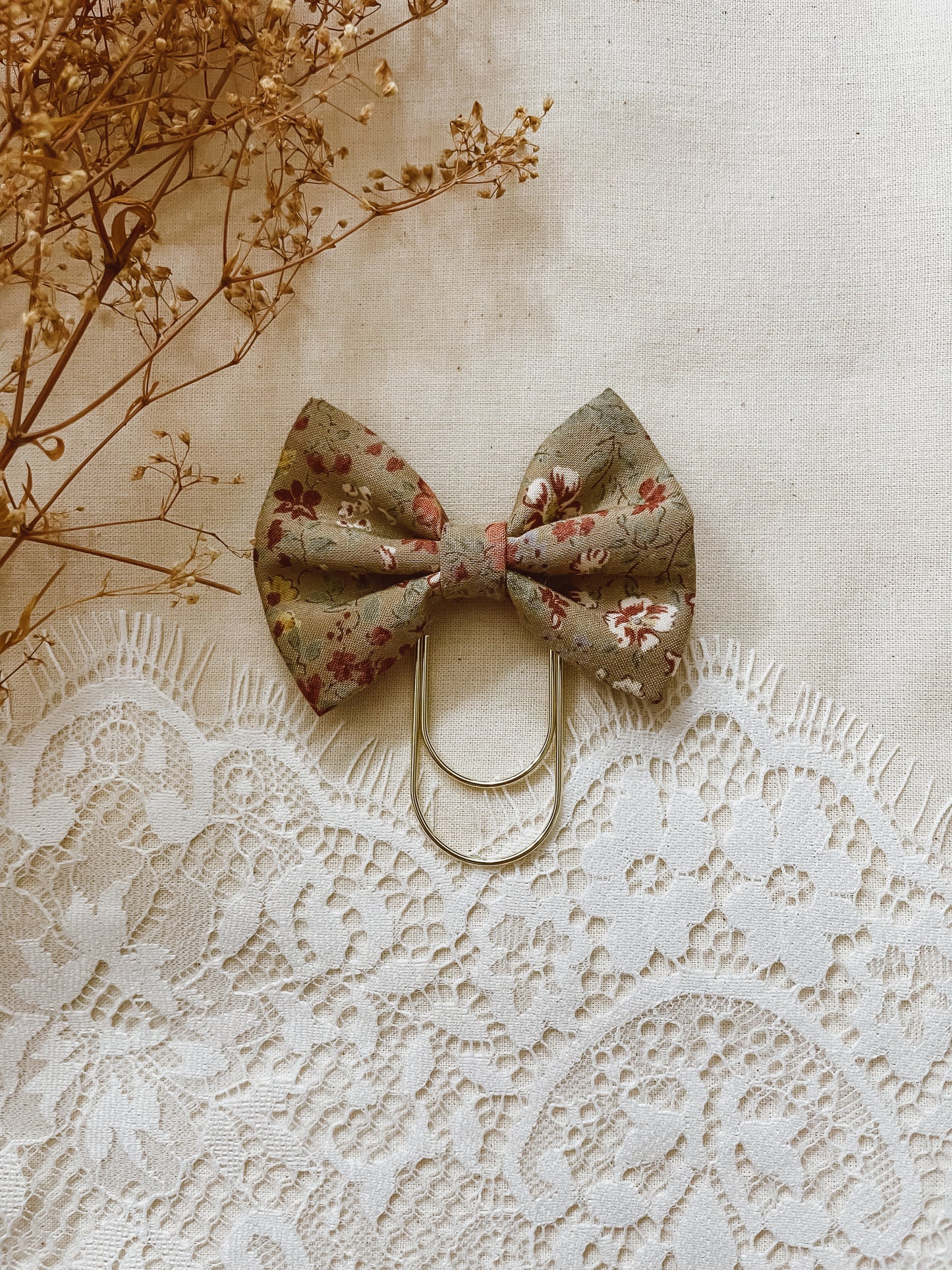 Soft Olive Florals-petite bow bookmark