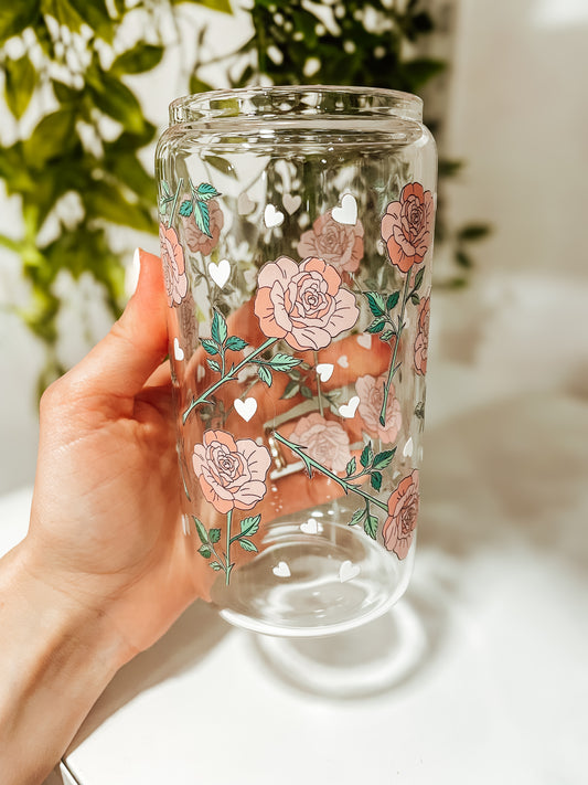 Pink Rose- 16 oz glass tumbler
