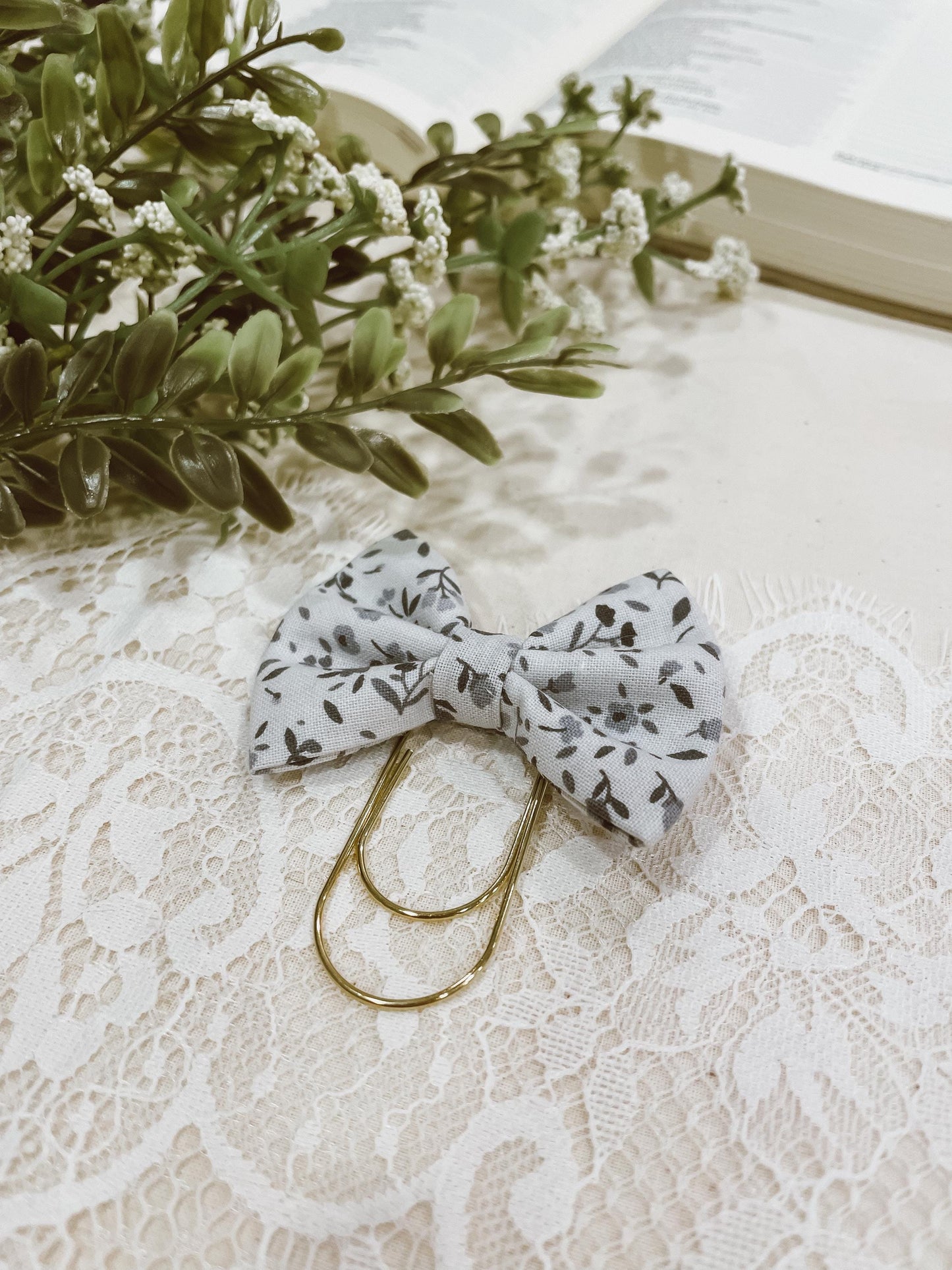 Dusty blue florals - petite bow bookmark