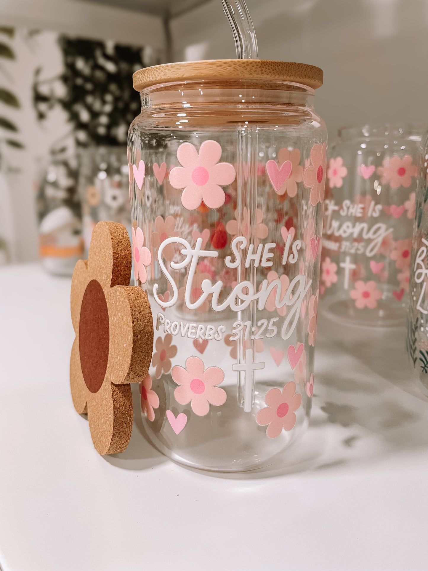 She is Strong- Proverbs 31:25 16oz glass tumbler