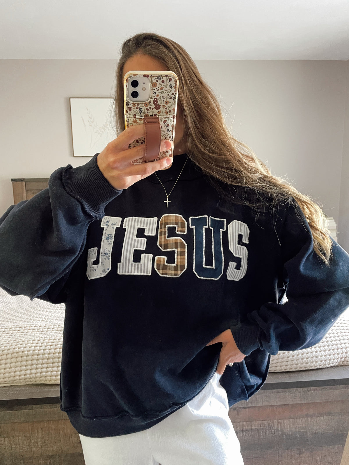 Navy Floral Jesus Mock Neck Sweater