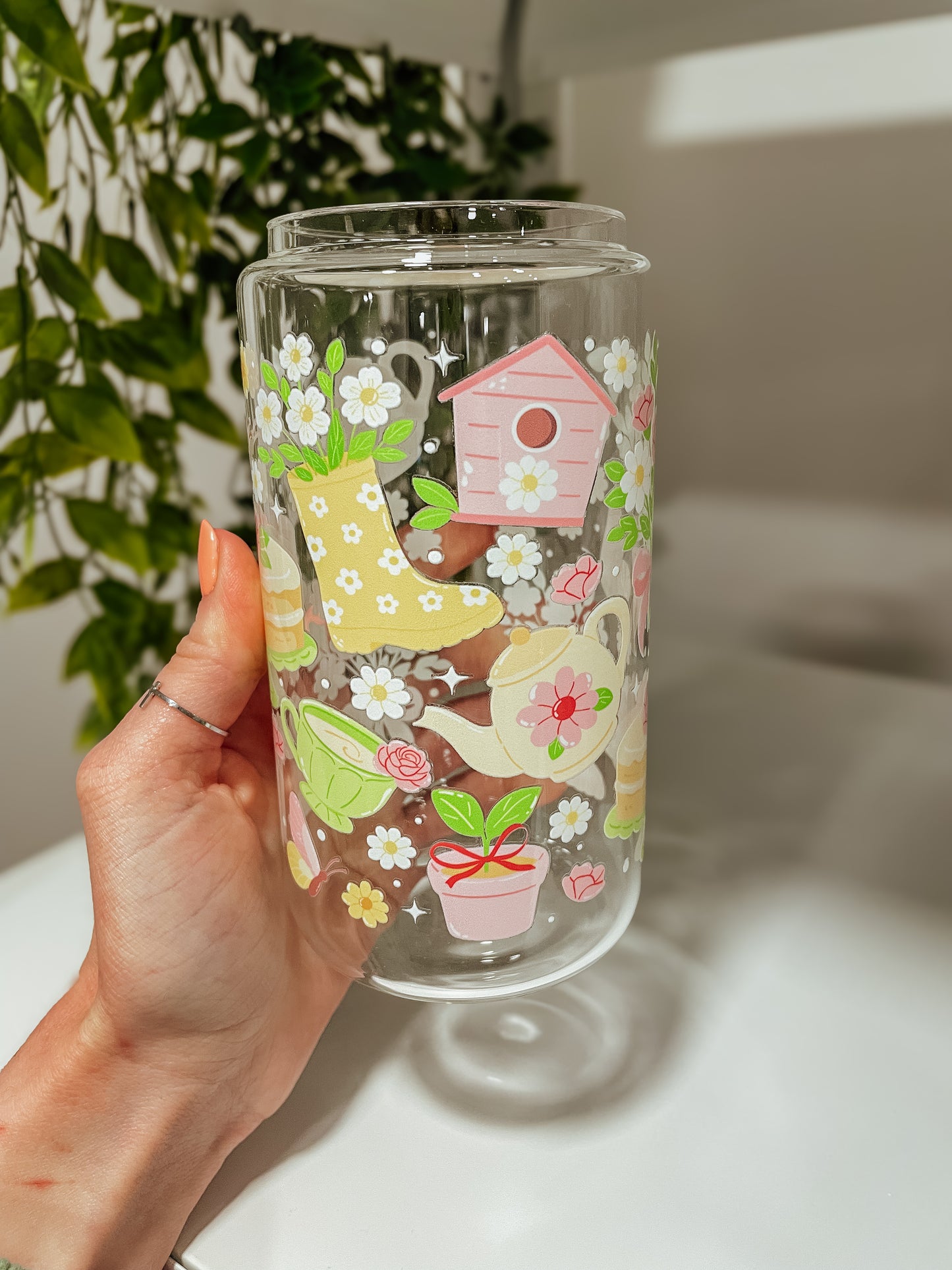 Spring Teatime 16oz glass tumbler