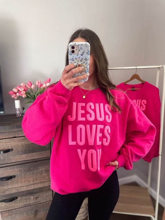 Hot Pink ‘Jesus Loves You’ crew