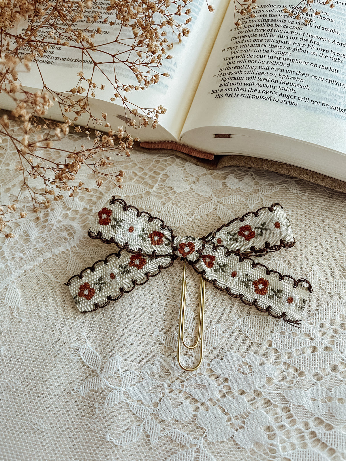 Darling Florals cream+brown embroidered bow bookmark