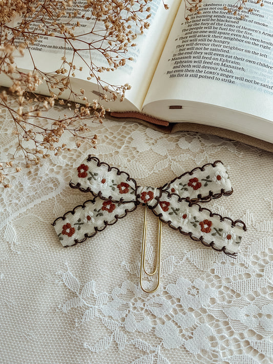 Darling Florals cream+brown embroidered bow bookmark