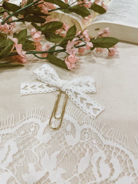 Lacey white hearts- ribbon bow bookmark