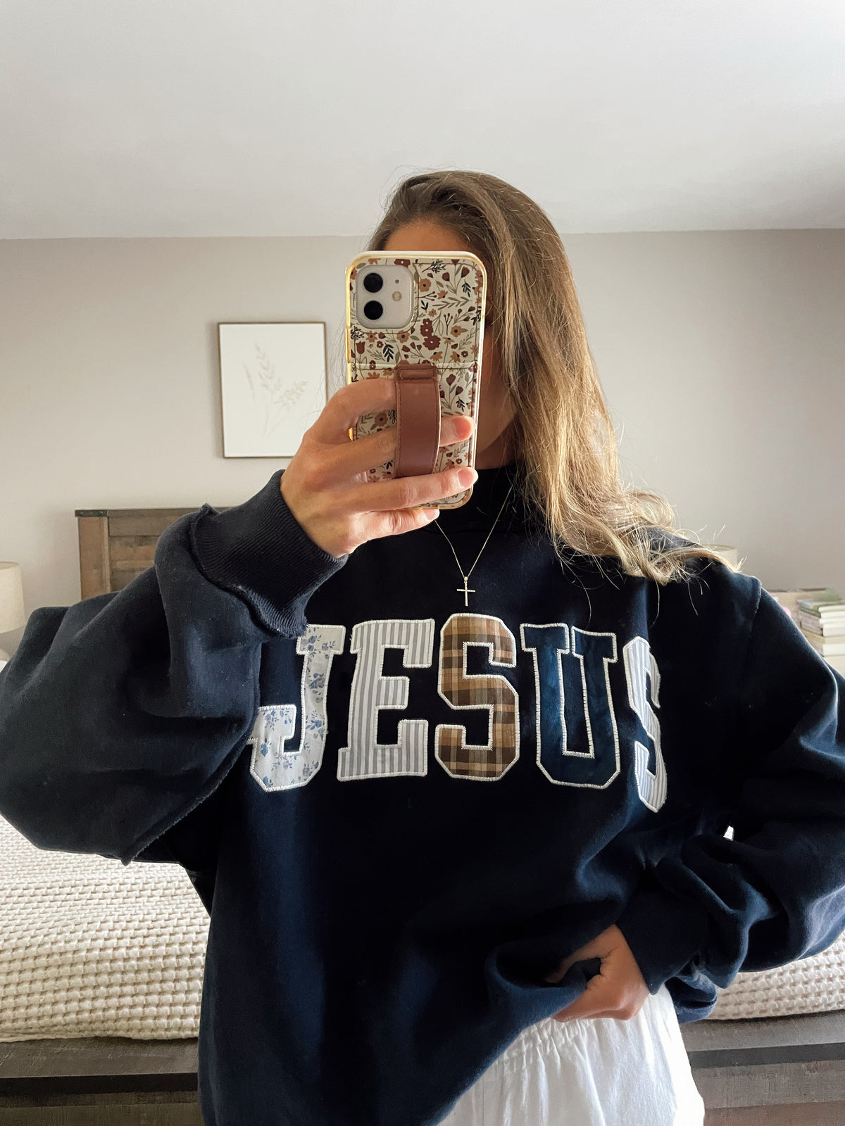 Navy Floral Jesus Mock Neck Sweater