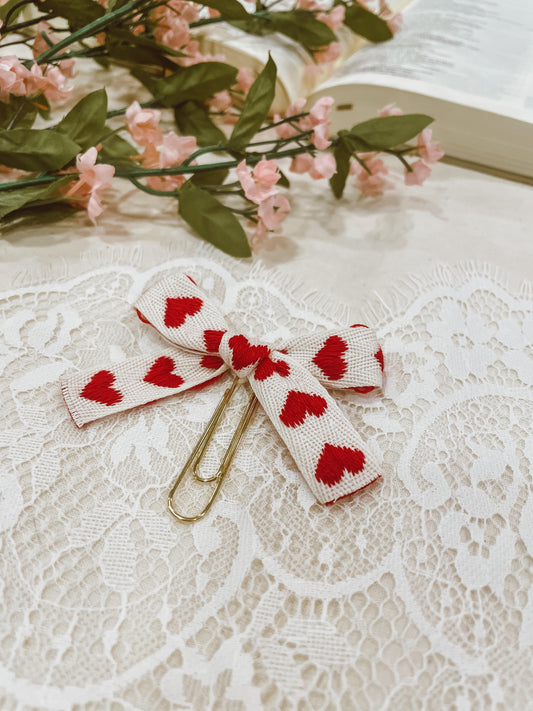 Red woven hearts- ribbon bow bookmark