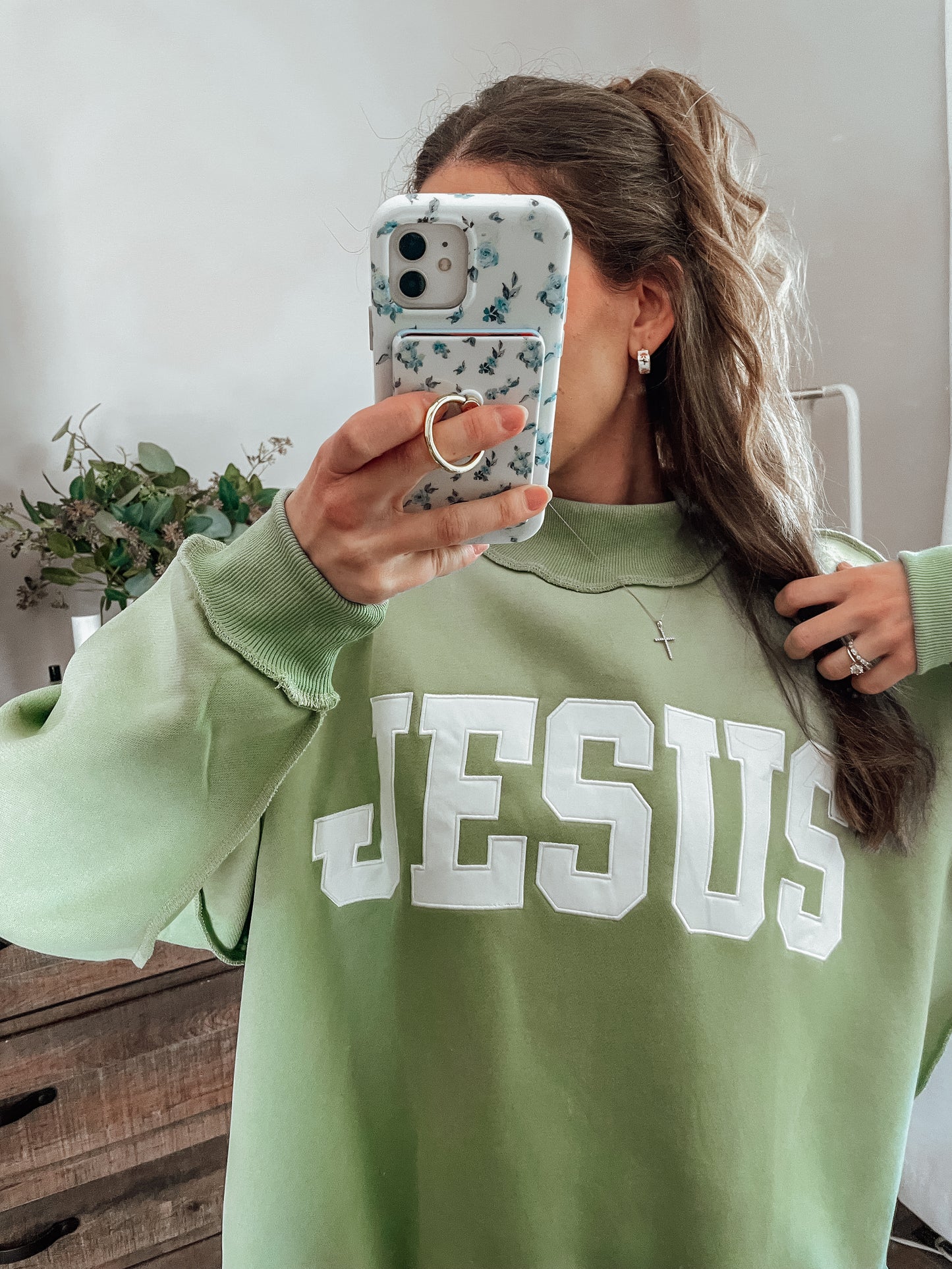 Sage 'Jesus’ mock neck sweater