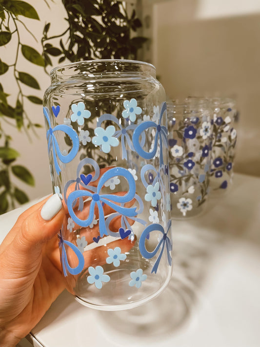 Blue Coquette Bow- 16oz glass tumbler