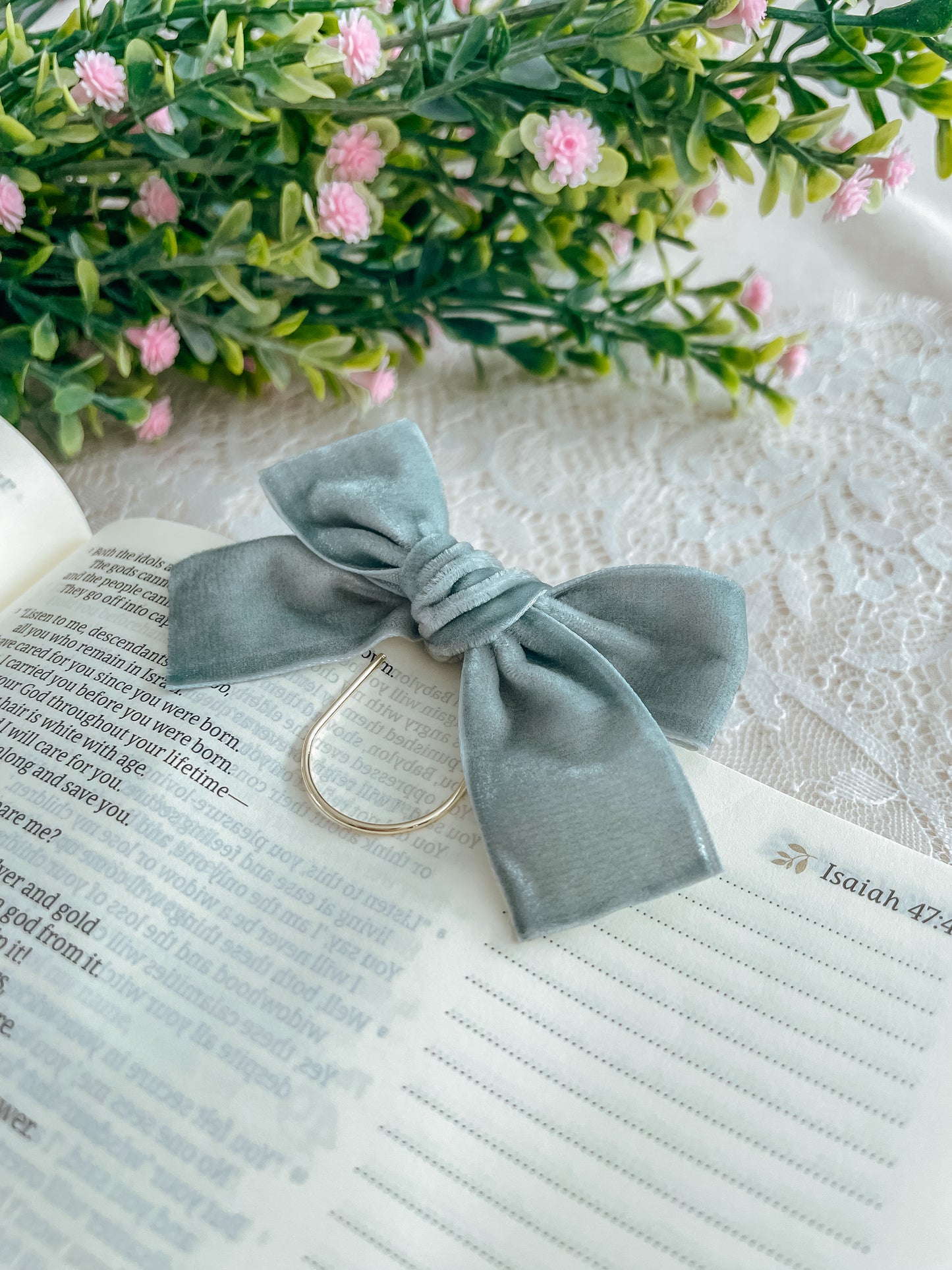 Dusty Sage- velvet topknot bow bookmark