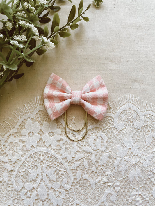 Petal pink gingham- petite bow bookmark