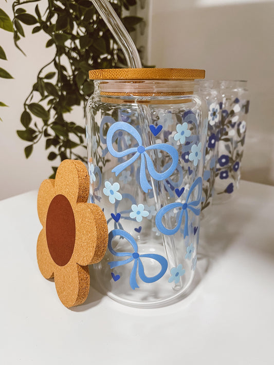 Blue Coquette Bow- 16oz glass tumbler