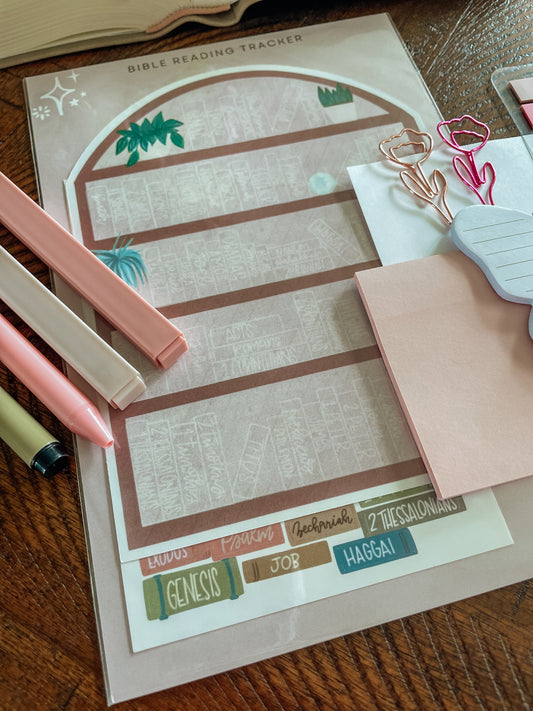 Books of the Bible Bookshelf tracker + Bible journaling supplies kit - pastel theme