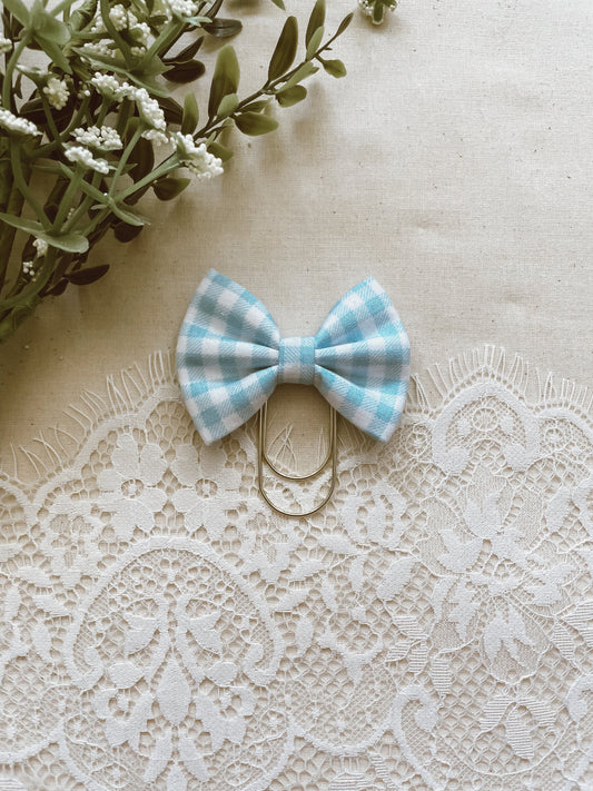 Summer blue gingham- petite bow bookmark