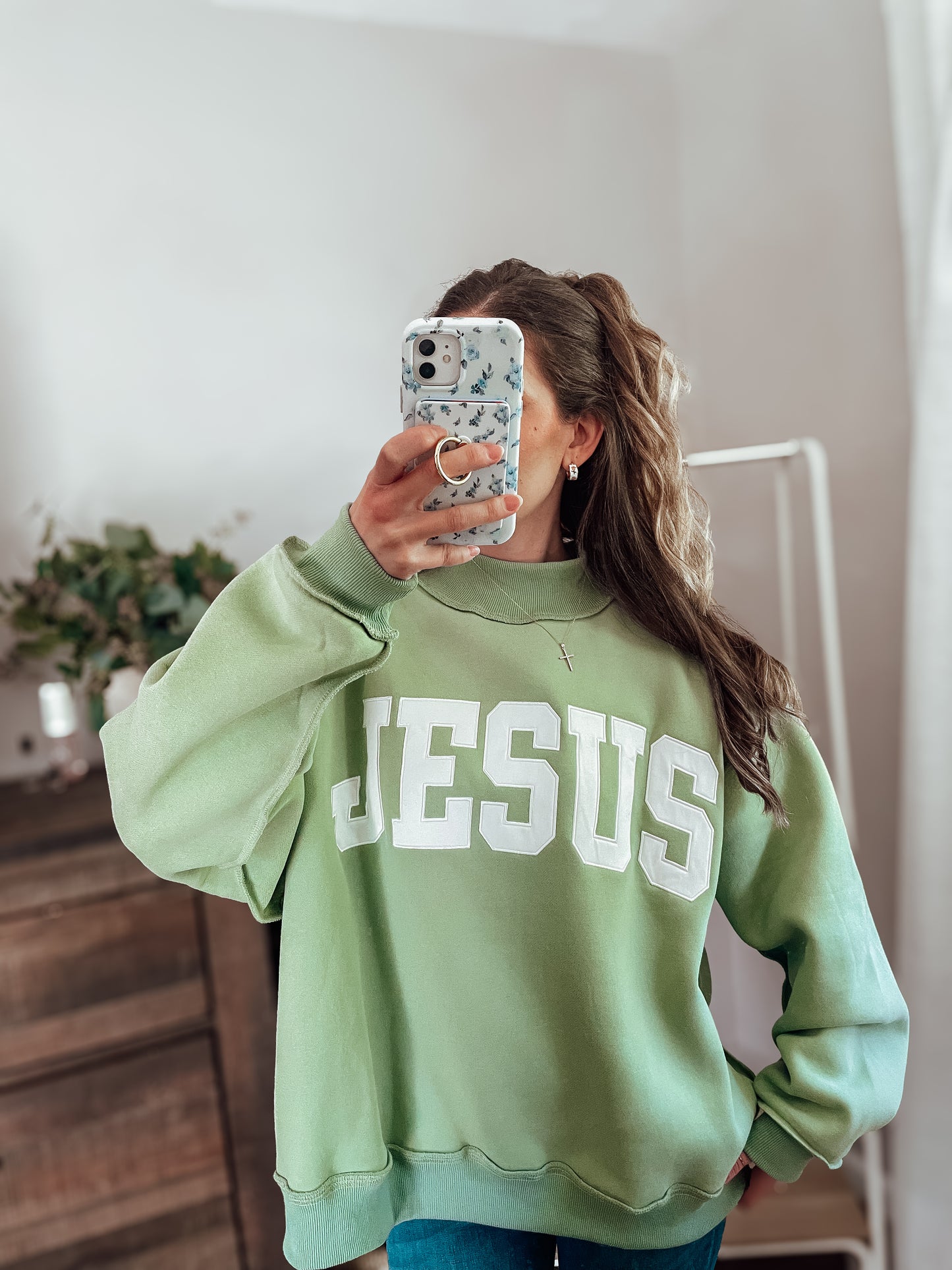 Sage 'Jesus’ mock neck sweater