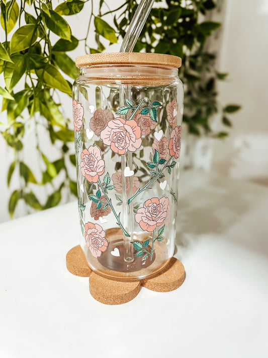 Pink Rose- 16 oz glass tumbler