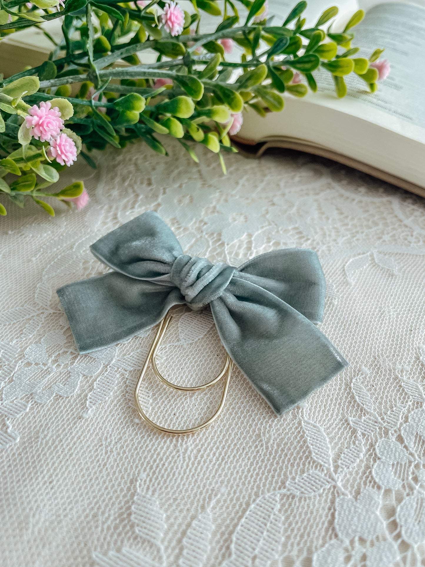 Dusty Sage- velvet topknot bow bookmark