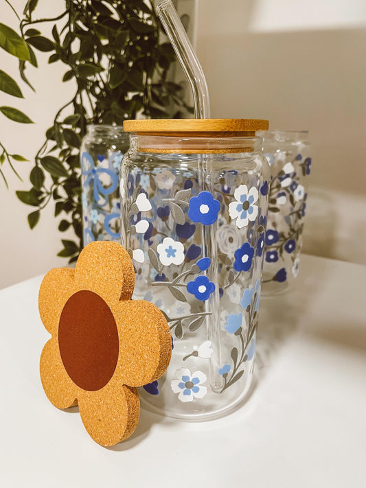 Blue Florals - 16oz glass tumbler