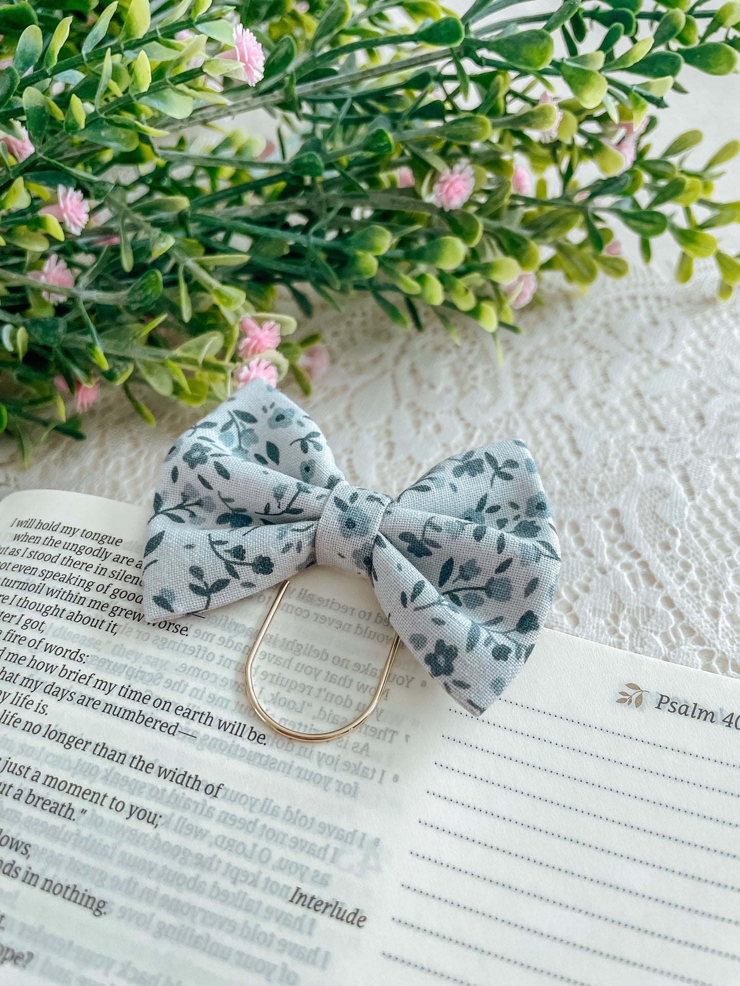 Dusty blue florals - petite bow bookmark