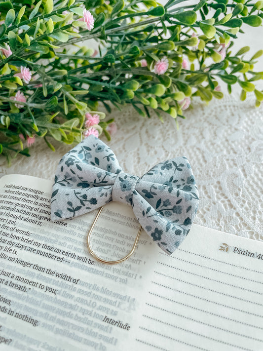 Dusty blue florals - petite bow bookmark