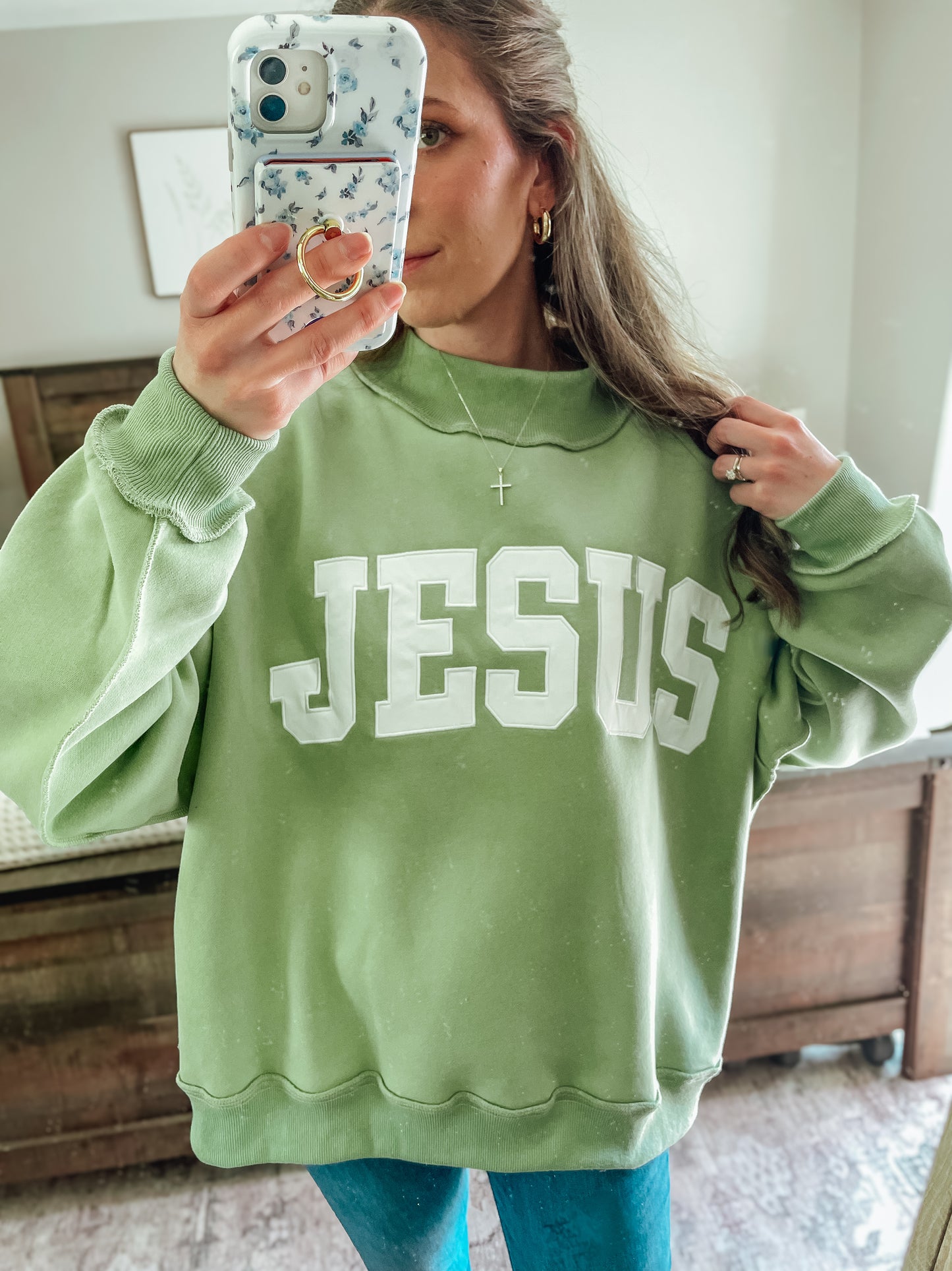 Sage 'Jesus’ mock neck sweater