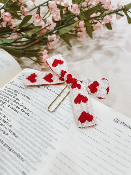 Red woven hearts- ribbon bow bookmark