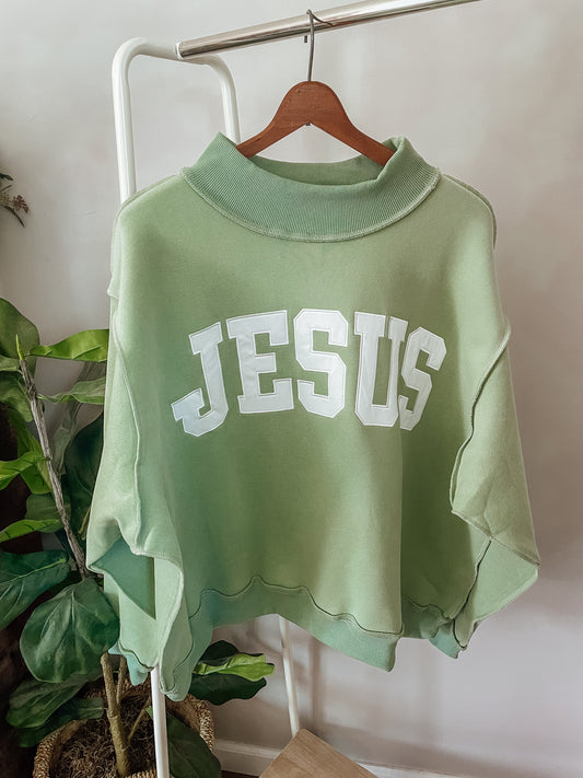 Sage 'Jesus’ mock neck sweater
