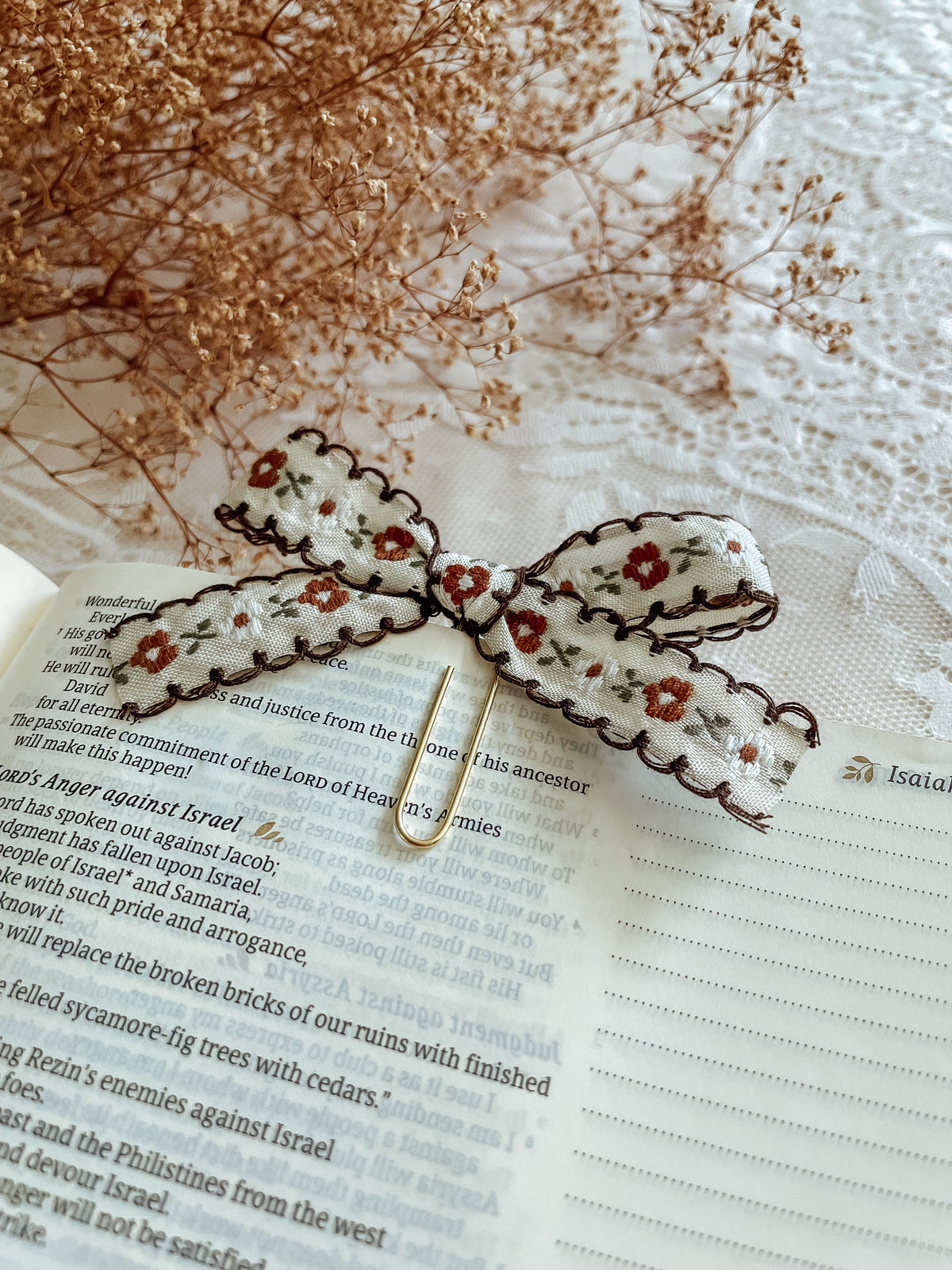 Darling Florals cream+brown embroidered bow bookmark