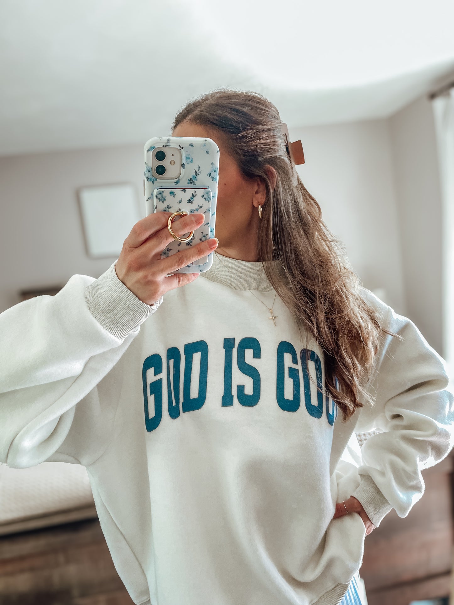 ‘Jesus & God is good’ reversible mockneck sweater