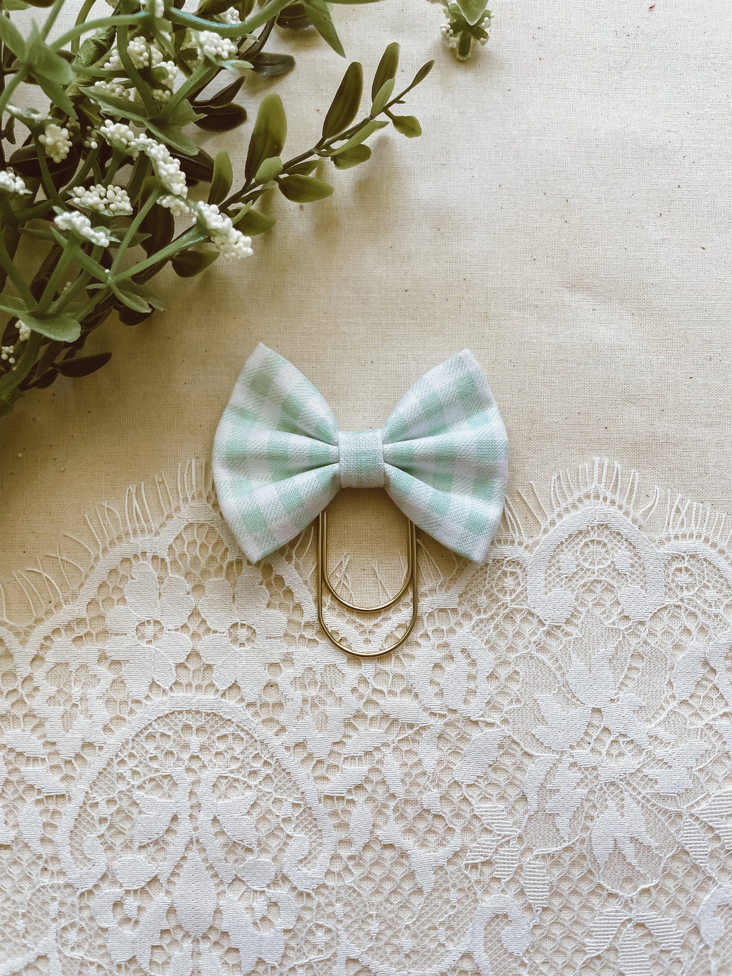 Sage green gingham- petite bow bookmark
