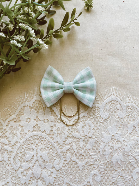 Sage green gingham- petite bow bookmark