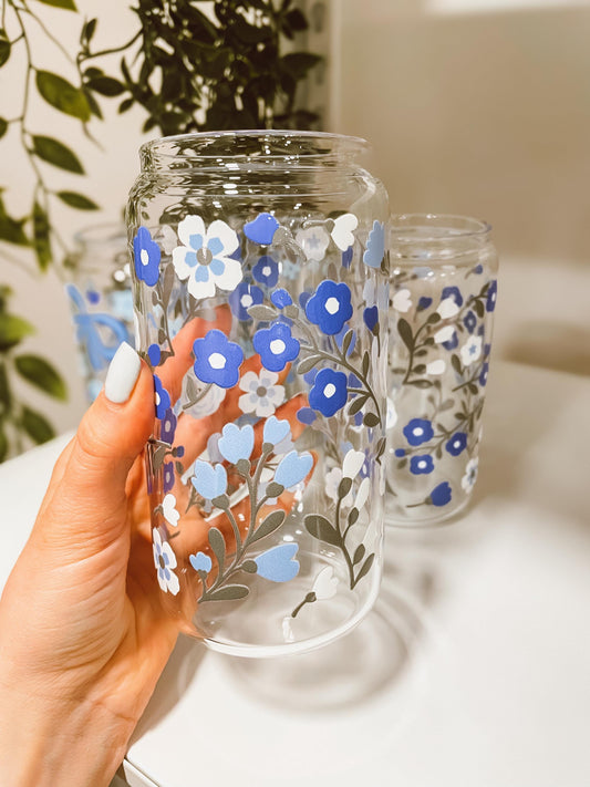 Blue Florals - 16oz glass tumbler