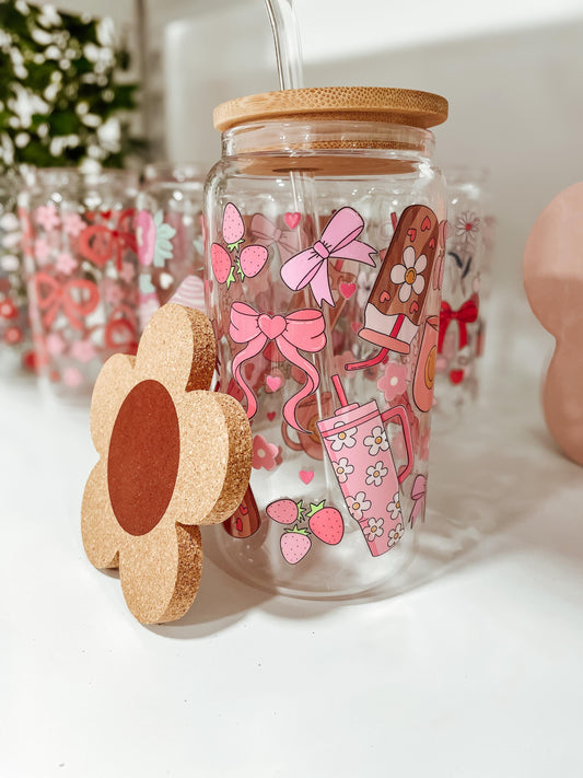 Cutesy drink girly- 16oz glass tumbler