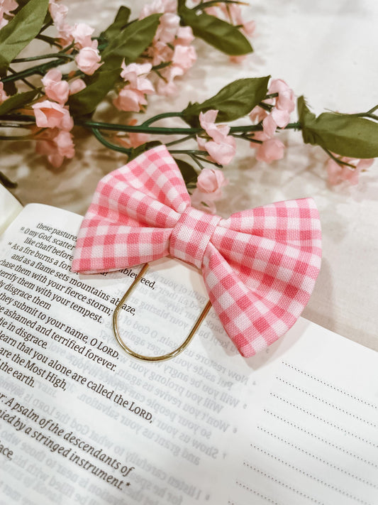 Dainty Pink Check - petite bow bookmark